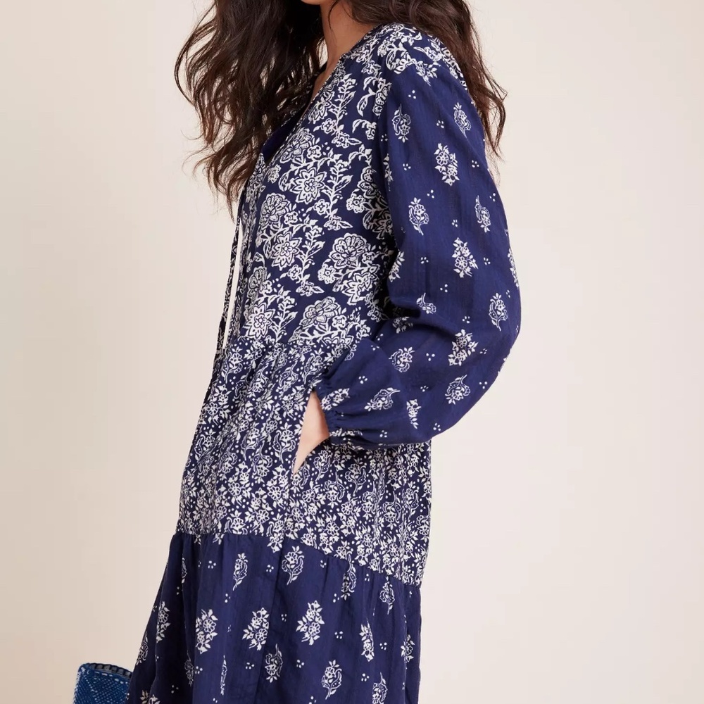 Maeve Women's Carlita Tiered Tunic Dress Navy Size Small Boho Fall